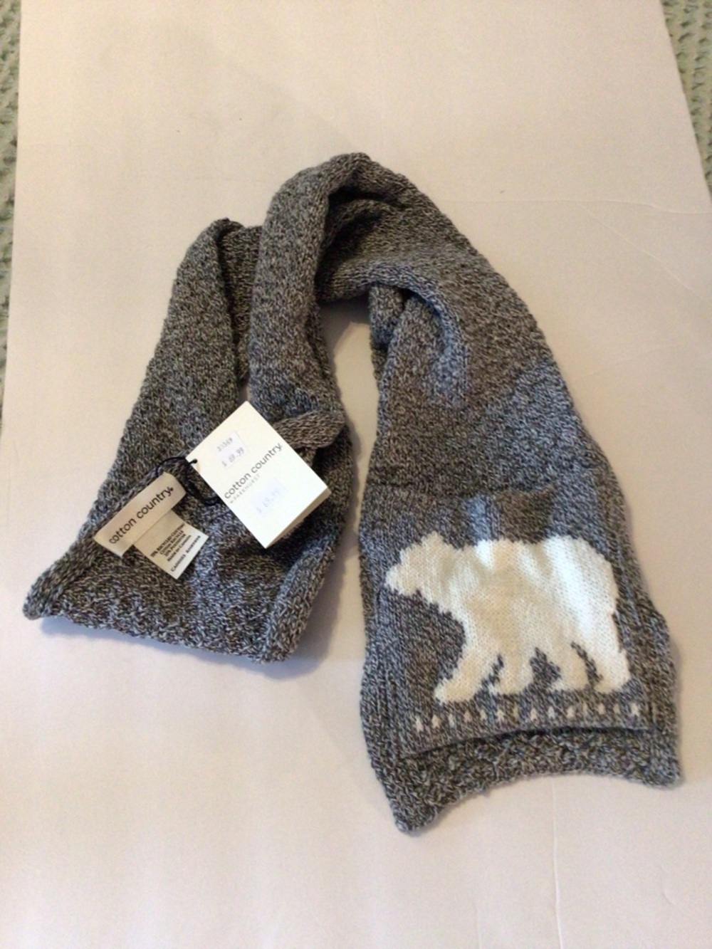 Parkhurst Gray Knit Scarf with White Polar Bear Motif